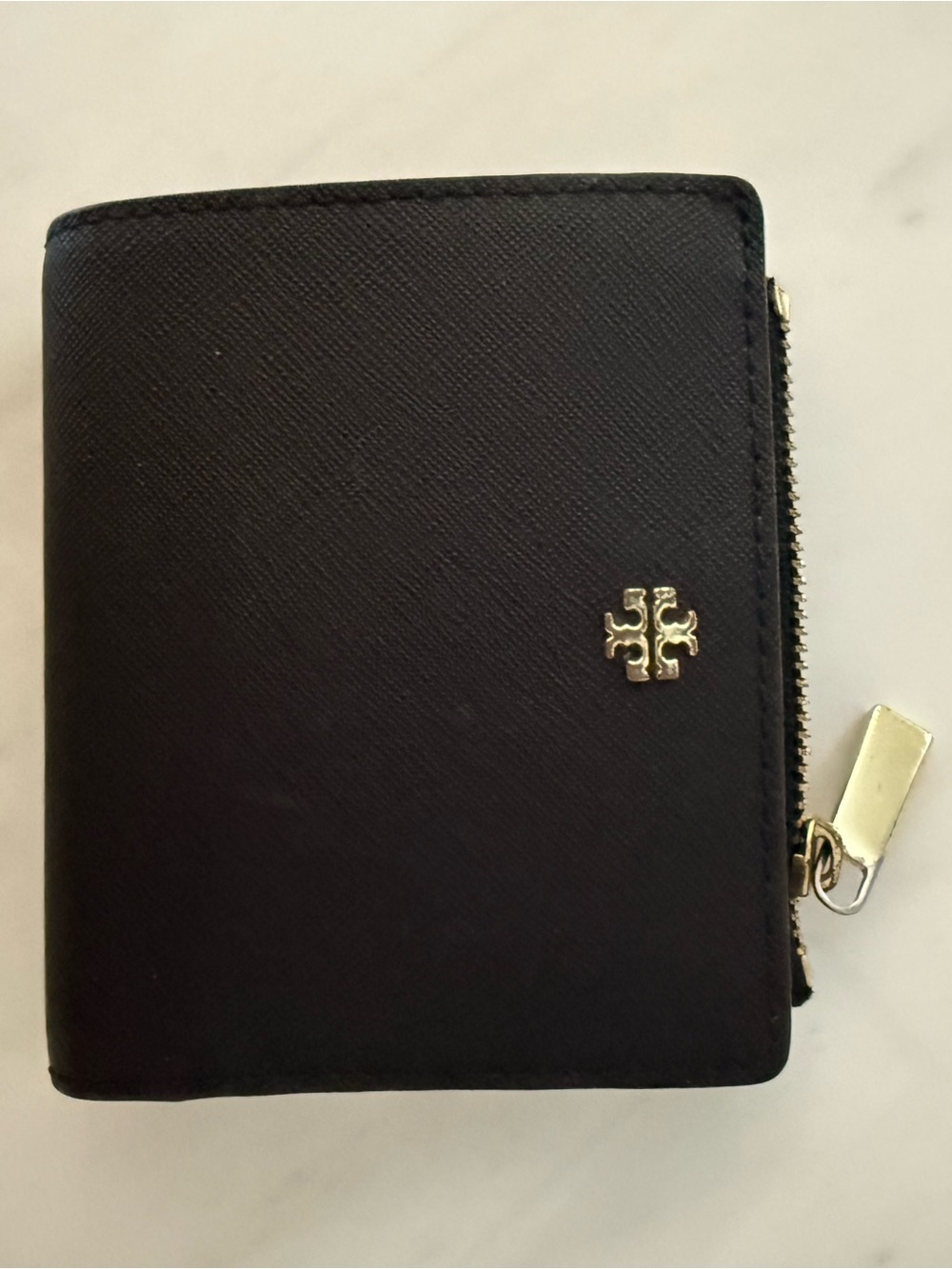 Tory Burch Black Leather Zip Around Card Wallet with Gold Logo